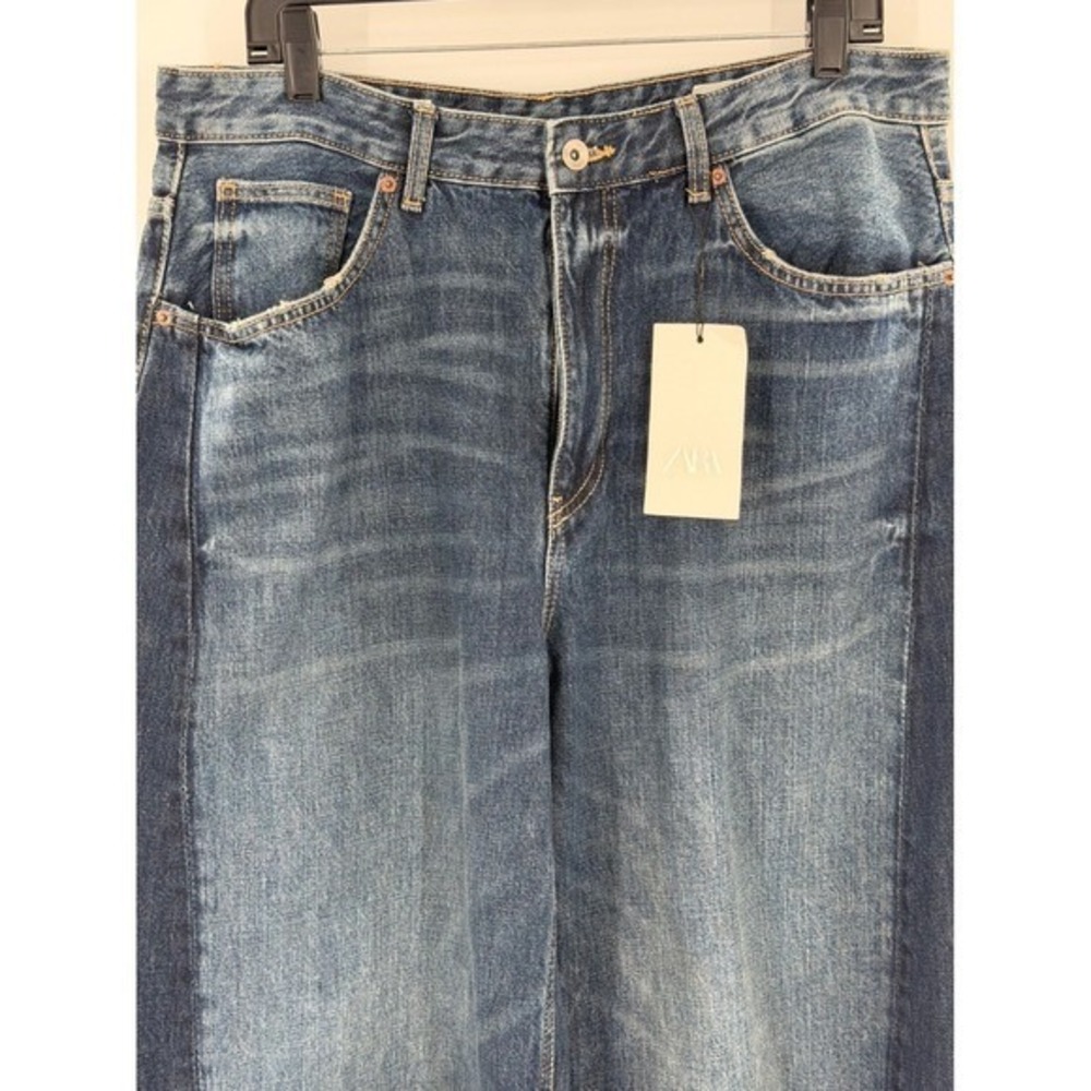 Zara Two Tone Barrel Leg Jeans High Waisted Wide Leg Blue Denim Sz 34 - Picture 13 of 13